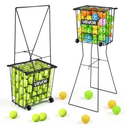 VEVOR Tennis Ball Hopper, Holds 150 Tennis Balls, Foldable Pickleball Basket Cart with Wheels for Easy Pick Up, Lightweight Aluminum Alloy, Portable Pickleball Caddy with Storage Bag, for Training