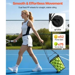 VEVOR Tennis Ball Hopper, Holds 150 Tennis Balls, Foldable Pickleball Basket Cart with Wheels for Easy Pick Up, Lightweight Aluminum Alloy, Portable Pickleball Caddy with Storage Bag, for Training