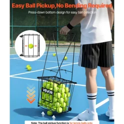 VEVOR Tennis Ball Hopper, Holds 150 Tennis Balls, Foldable Pickleball Basket Cart with Wheels for Easy Pick Up, Lightweight Aluminum Alloy, Portable Pickleball Caddy with Storage Bag, for Training