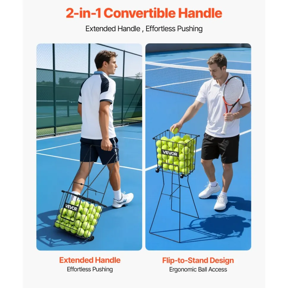VEVOR Tennis Ball Hopper, Holds 150 Tennis Balls, Foldable Pickleball Basket Cart with Wheels for Easy Pick Up, Lightweight Aluminum Alloy, Portable Pickleball Caddy with Storage Bag, for Training