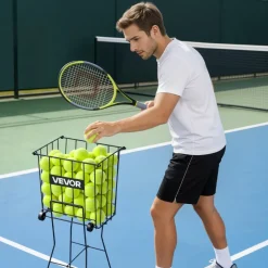VEVOR Tennis Ball Hopper, Holds 150 Tennis Balls, Foldable Pickleball Basket Cart with Wheels for Easy Pick Up, Lightweight Aluminum Alloy, Portable Pickleball Caddy with Storage Bag, for Training