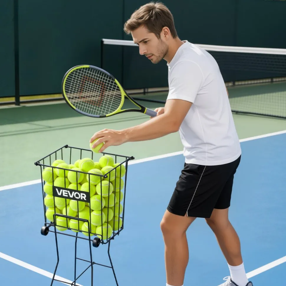 VEVOR Tennis Ball Hopper, Holds 150 Tennis Balls, Foldable Pickleball Basket Cart with Wheels for Easy Pick Up, Lightweight Aluminum Alloy, Portable Pickleball Caddy with Storage Bag, for Training