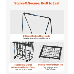 VEVOR Tennis Ball Hopper, Holds 150 Tennis Balls, Foldable Pickleball Basket Cart with Wheels for Easy Pick Up, Lightweight Aluminum Alloy, Portable Pickleball Caddy with Storage Bag, for Training