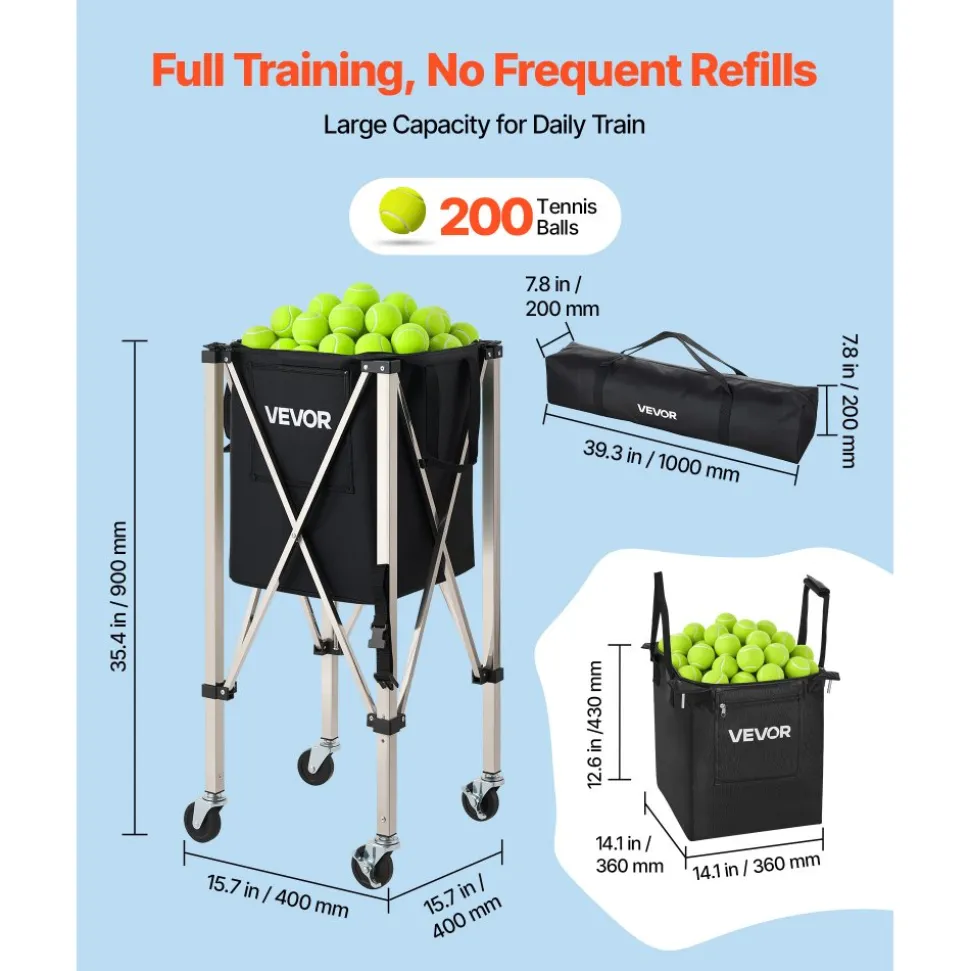VEVOR Tennis Ball Hopper, Holds 200 Tennis Balls, Foldable Pickleball Basket Cart with Wheels for Easy Pick Up, Stainless Steel Portable Pickleball Cart Caddy with Storage Bag, for Training Teaching