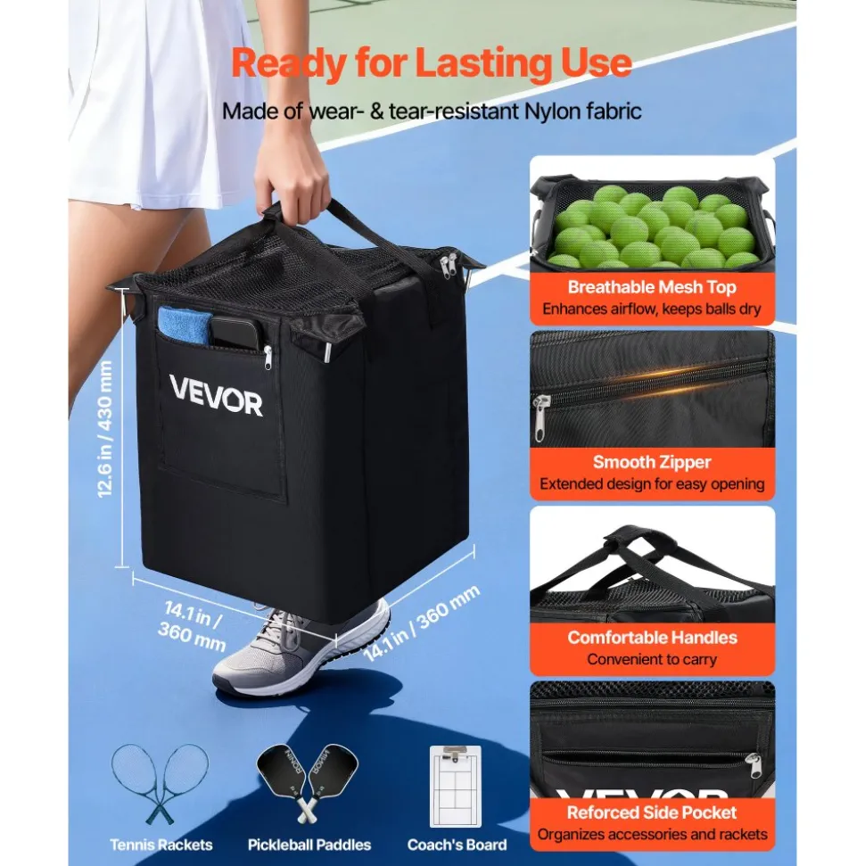 VEVOR Tennis Ball Hopper, Holds 200 Tennis Balls, Foldable Pickleball Basket Cart with Wheels for Easy Pick Up, Stainless Steel Portable Pickleball Cart Caddy with Storage Bag, for Training Teaching