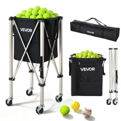 VEVOR Tennis Ball Hopper, Holds 200 Tennis Balls, Foldable Pickleball Basket Cart with Wheels for Easy Pick Up, Stainless Steel Portable Pickleball Cart Caddy with Storage Bag, for Training Teaching