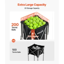 VEVOR Tennis Ball Hopper, Holds 200 Tennis Balls, Foldable Pickleball Basket Cart with Wheels for Easy Pick Up, Stainless Steel Portable Pickleball Cart Caddy with Storage Bag, for Training Teaching