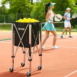 VEVOR Tennis Ball Hopper, Holds 200 Tennis Balls, Foldable Pickleball Basket Cart with Wheels for Easy Pick Up, Stainless Steel Portable Pickleball Cart Caddy with Storage Bag, for Training Teaching