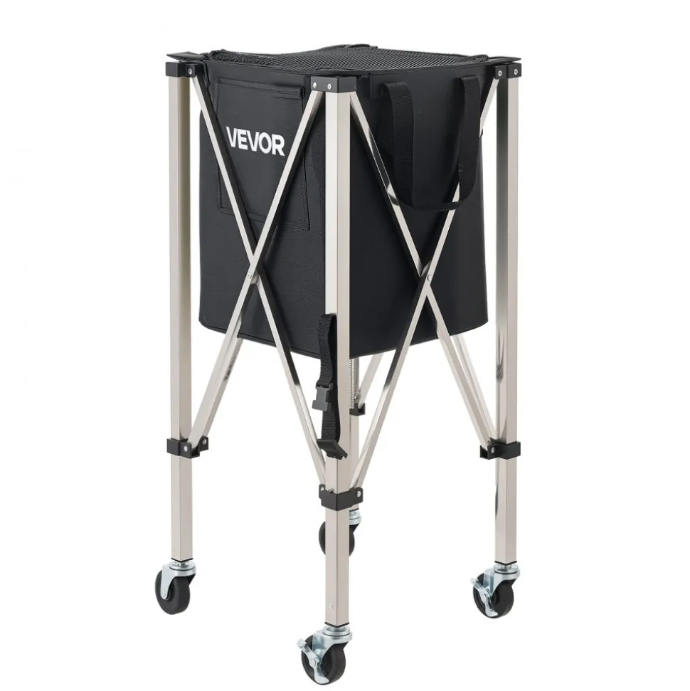 VEVOR Tennis Ball Hopper, Holds 200 Tennis Balls, Foldable Pickleball Basket Cart with Wheels for Easy Pick Up, Stainless Steel Portable Pickleball Cart Caddy with Storage Bag, for Training Teaching