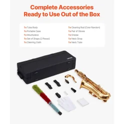 VEVOR Tenor Saxophone, B Flat, Professional Brass Saxophone Beginner Kit with Carrying Case, Mouthpiece, Straps, Cleaning Cloth, Gloves, Neck Strap, 23 Keys Tenor Sax Kit, for Beginners Students, Gold