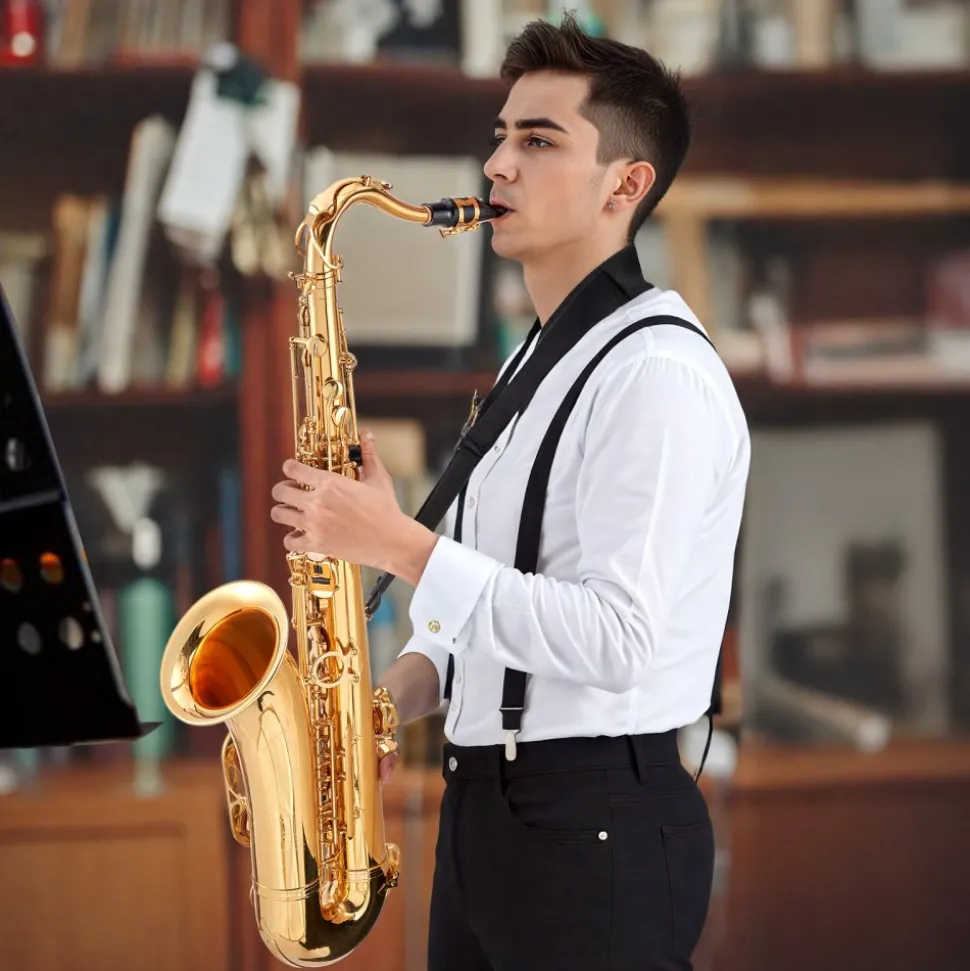 VEVOR Tenor Saxophone, B Flat, Professional Brass Saxophone Beginner Kit with Carrying Case, Mouthpiece, Straps, Cleaning Cloth, Gloves, Neck Strap, 23 Keys Tenor Sax Kit, for Beginners Students, Gold