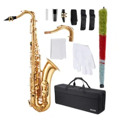 VEVOR Tenor Saxophone, B Flat, Professional Brass Saxophone Beginner Kit with Carrying Case, Mouthpiece, Straps, Cleaning Cloth, Gloves, Neck Strap, 23 Keys Tenor Sax Kit, for Beginners Students, Gold