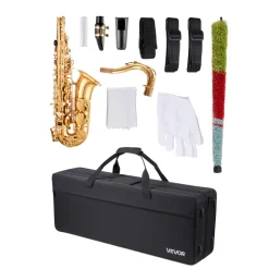 VEVOR Tenor Saxophone, B Flat, Professional Brass Saxophone Beginner Kit with Carrying Case, Mouthpiece, Straps, Cleaning Cloth, Gloves, Neck Strap, 23 Keys Tenor Sax Kit, for Beginners Students, Gold