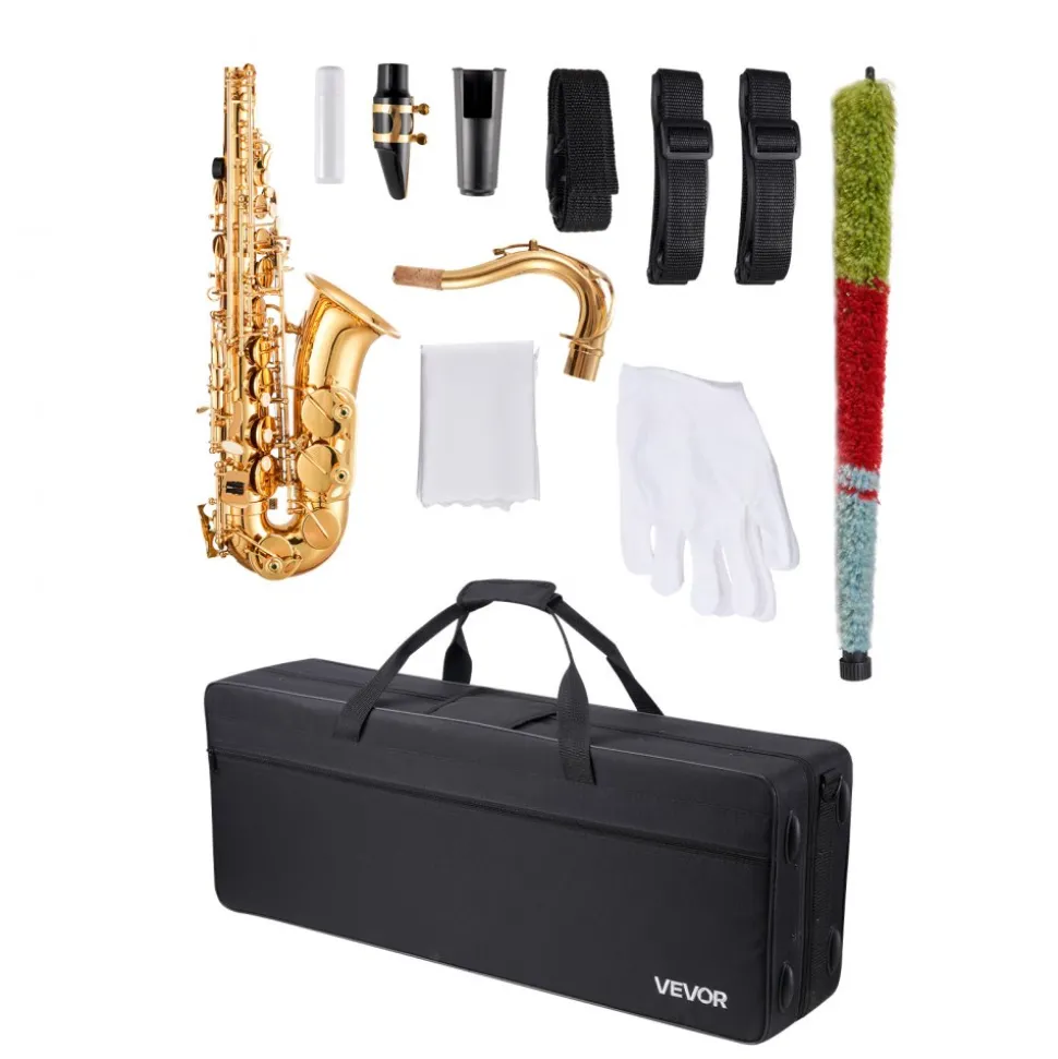 VEVOR Tenor Saxophone, B Flat, Professional Brass Saxophone Beginner Kit with Carrying Case, Mouthpiece, Straps, Cleaning Cloth, Gloves, Neck Strap, 23 Keys Tenor Sax Kit, for Beginners Students, Gold