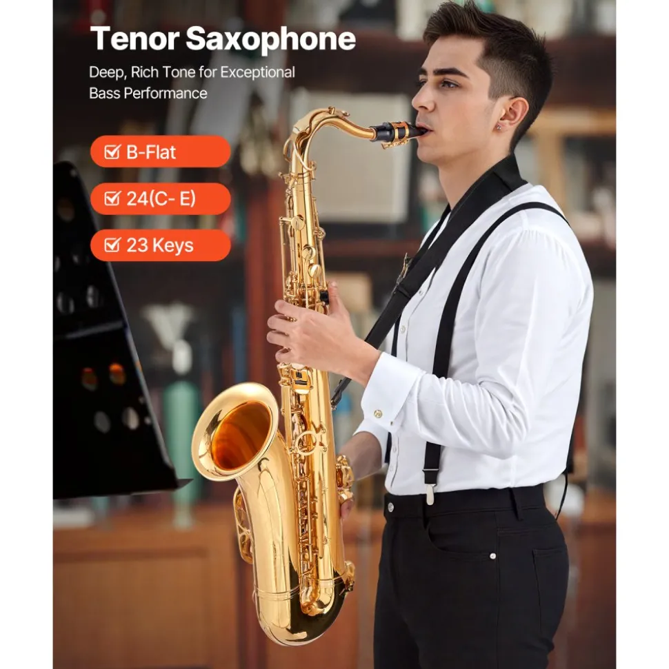 VEVOR Tenor Saxophone, B Flat, Professional Brass Saxophone Beginner Kit with Carrying Case, Mouthpiece, Straps, Cleaning Cloth, Gloves, Neck Strap, 23 Keys Tenor Sax Kit, for Beginners Students, Gold