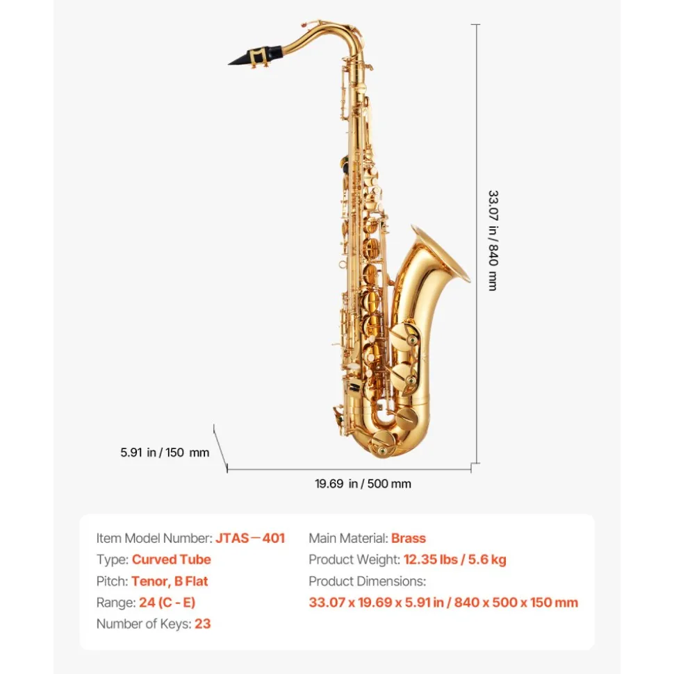 VEVOR Tenor Saxophone, B Flat, Professional Brass Saxophone Beginner Kit with Carrying Case, Mouthpiece, Straps, Cleaning Cloth, Gloves, Neck Strap, 23 Keys Tenor Sax Kit, for Beginners Students, Gold