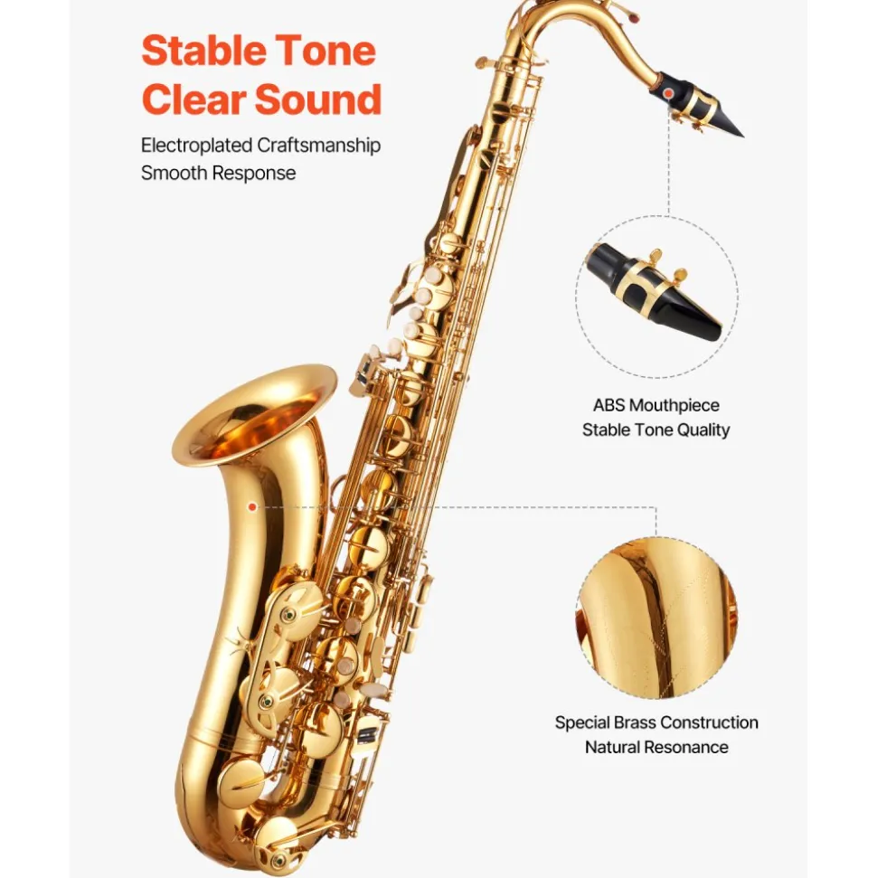 VEVOR Tenor Saxophone, B Flat, Professional Brass Saxophone Beginner Kit with Carrying Case, Mouthpiece, Straps, Cleaning Cloth, Gloves, Neck Strap, 23 Keys Tenor Sax Kit, for Beginners Students, Gold