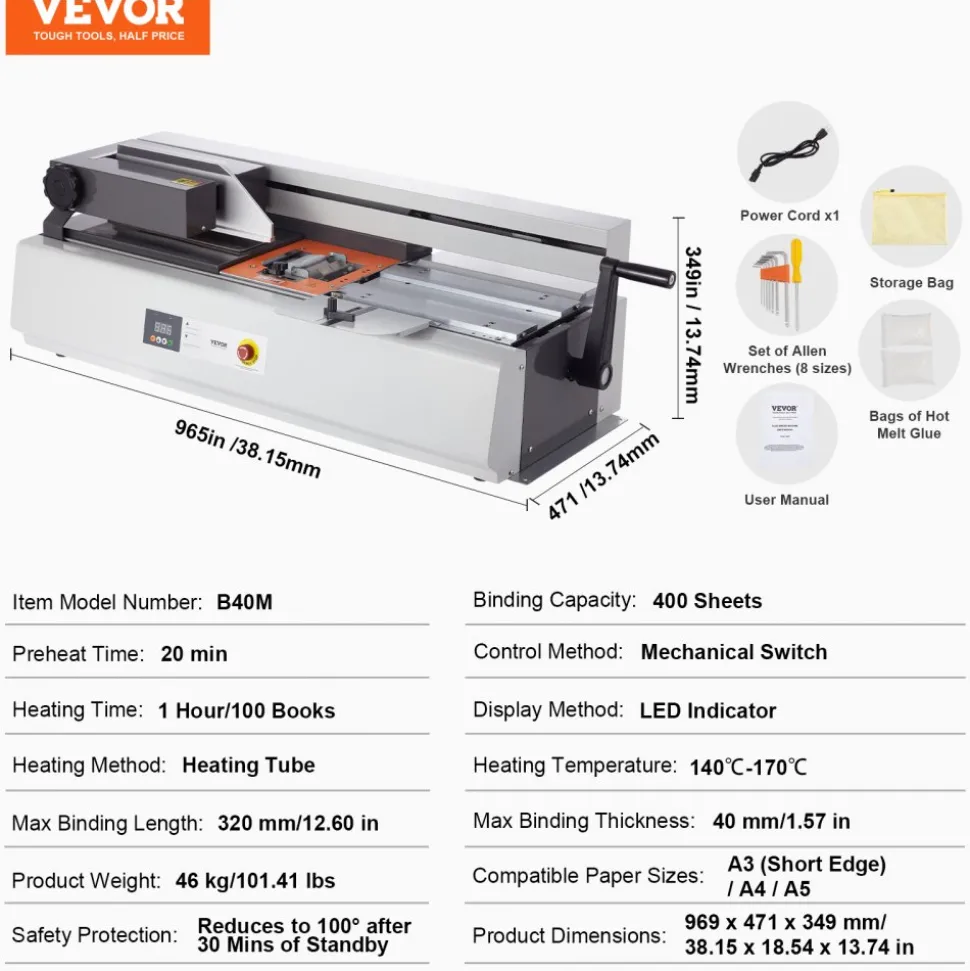 VEVOR Thermal Binding Machine, 400 Sheets Capacity Hot Glue Binding Machine, Thermal Book Binder 40mm Binding Thickness A3(Short Edge)/A4/A5 Document