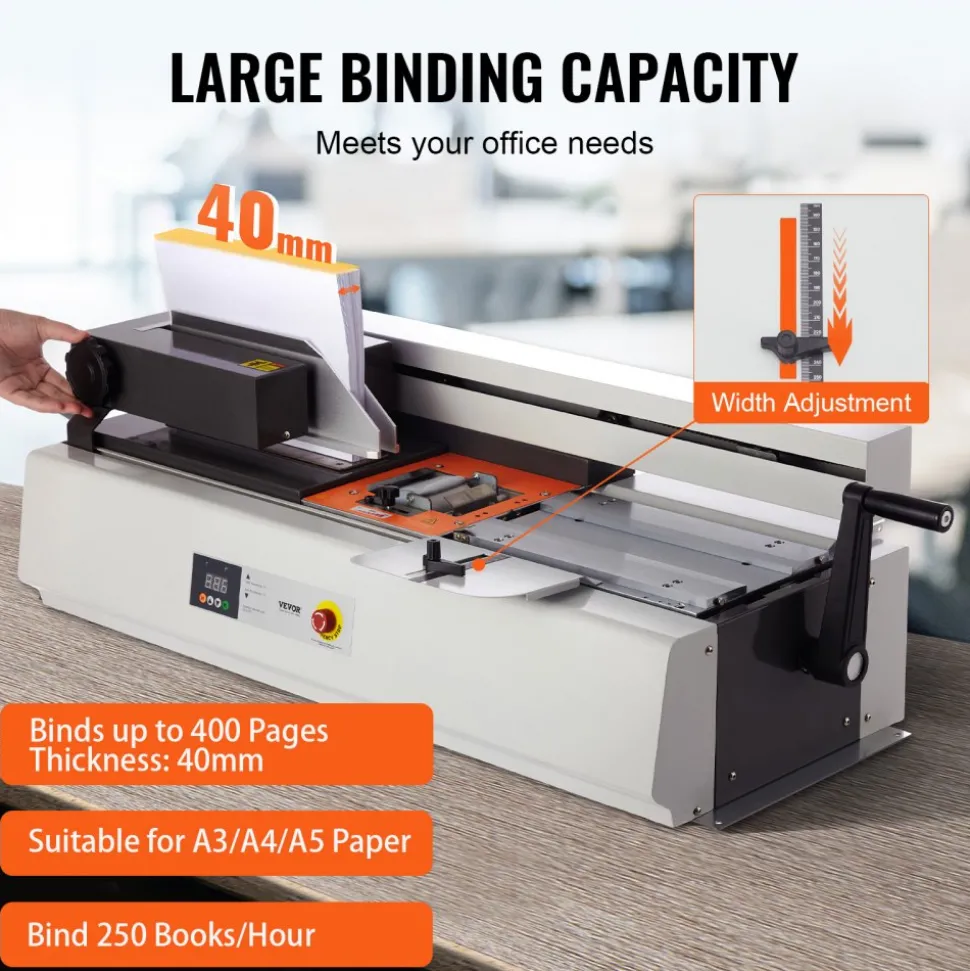 VEVOR Thermal Binding Machine, 400 Sheets Capacity Hot Glue Binding Machine, Thermal Book Binder 40mm Binding Thickness A3(Short Edge)/A4/A5 Document