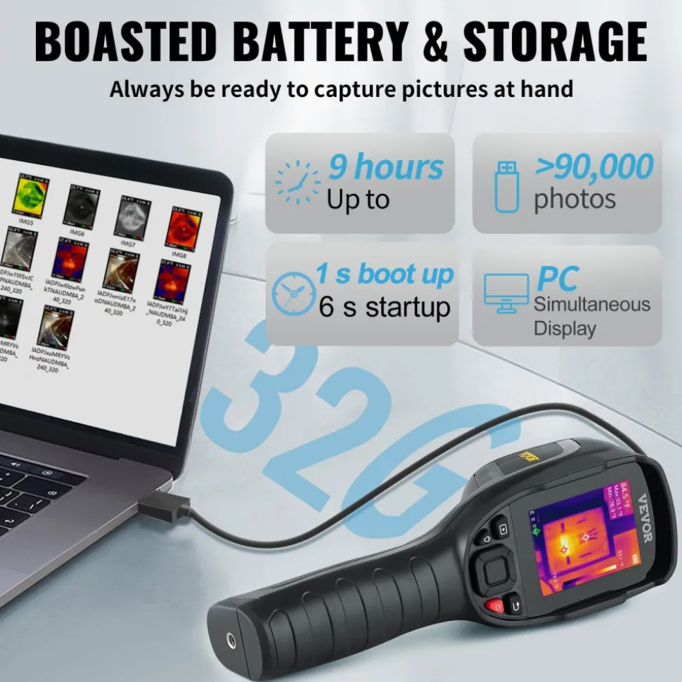 VEVOR Thermal Imaging Camera, 320 x 240 Pixels Super Resolution, 25Hz Refresh Rate Infrared Camera with -4 to 752°F Temperature Range, 32G Built-in SD Card, and Rechargeable Li-ion Battery