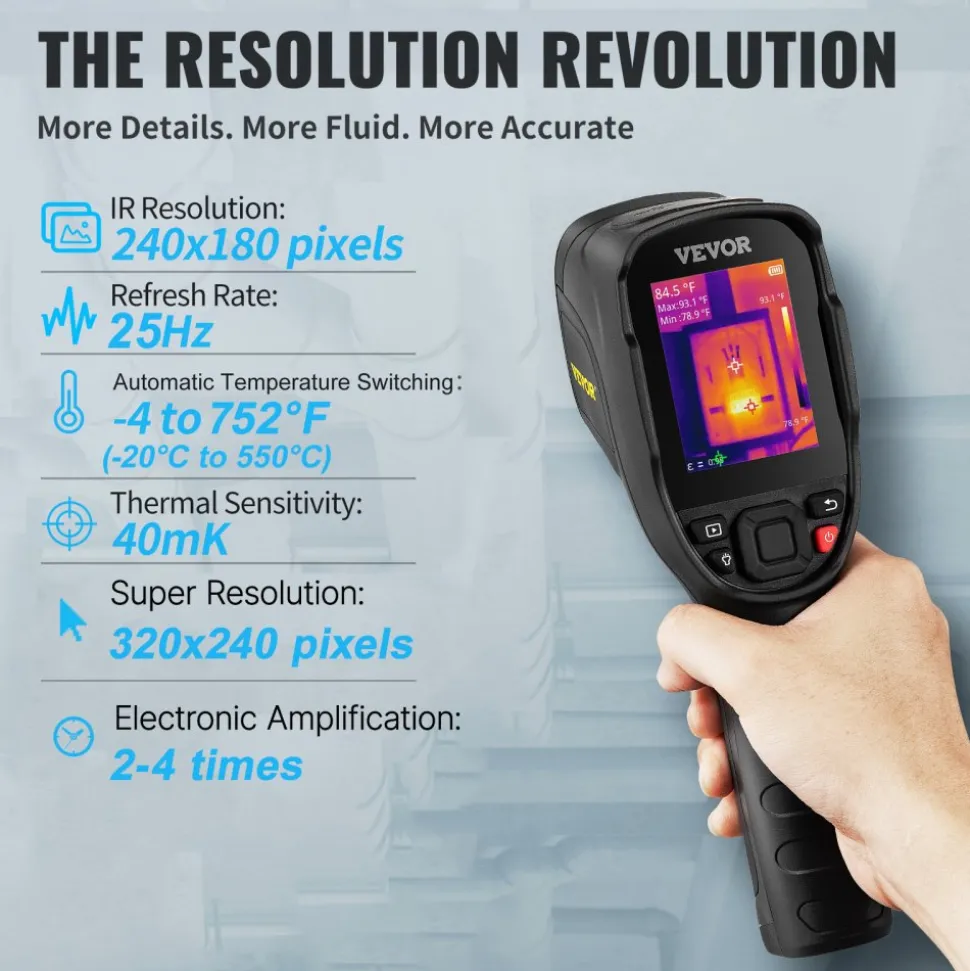 VEVOR Thermal Imaging Camera, 320 x 240 Pixels Super Resolution, 25Hz Refresh Rate Infrared Camera with -4 to 752°F Temperature Range, 32G Built-in SD Card, and Rechargeable Li-ion Battery