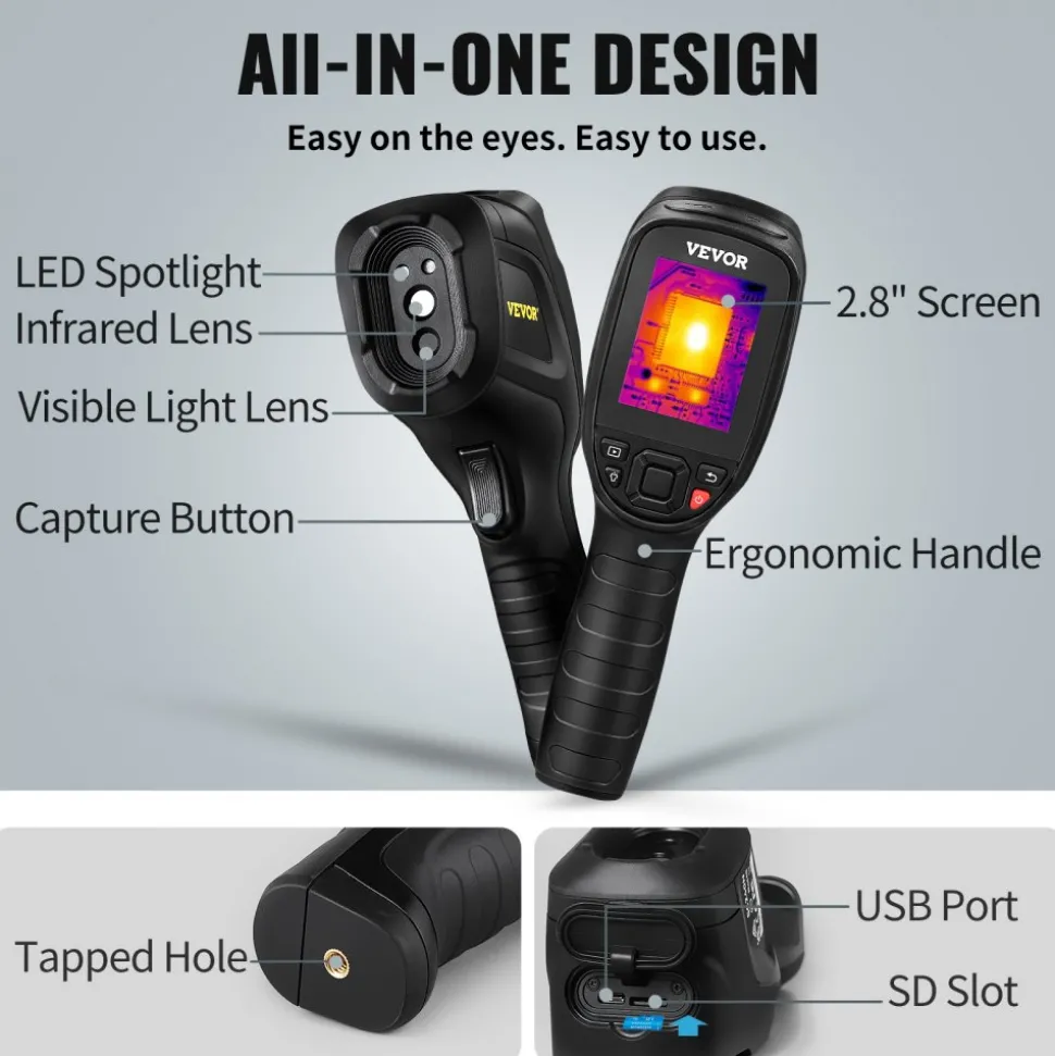 VEVOR Thermal Imaging Camera, 320 x 240 Pixels Super Resolution, 25Hz Refresh Rate Infrared Camera with -4 to 752°F Temperature Range, 32G Built-in SD Card, and Rechargeable Li-ion Battery