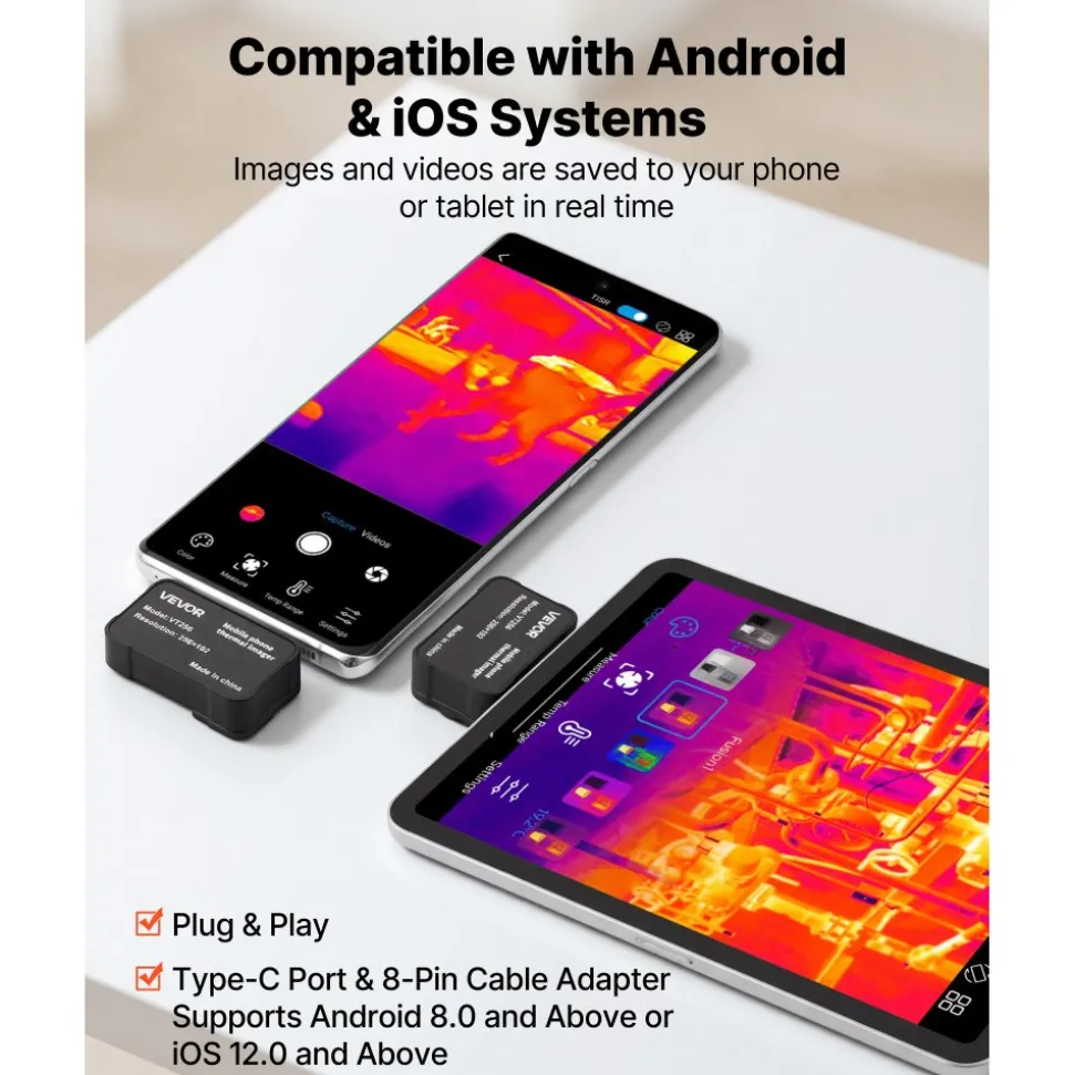 VEVOR Thermal Imaging Camera for Android, 512 x 384 TISR Super Resolution, 25HZ Refresh Rate Infrared Thermal Imager for Smartphone Tablet, 256 x 192 IR Resolution, -4°F to 1022°F & 15 Color Palettes