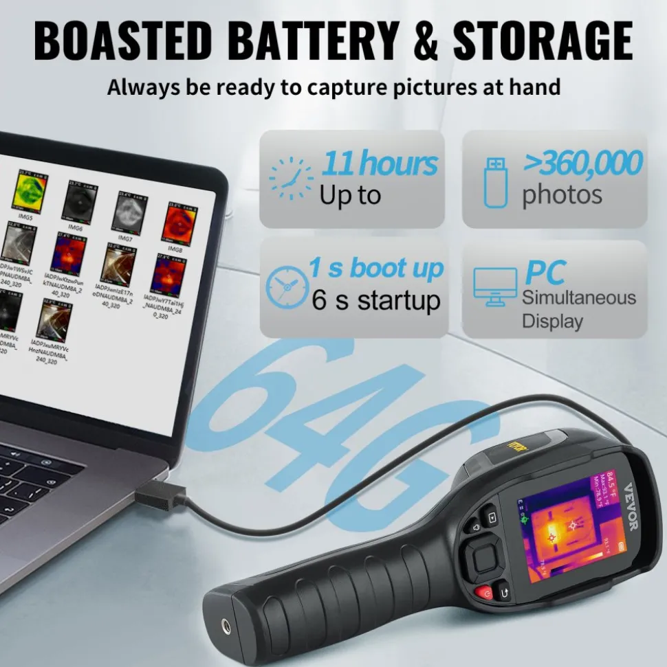 VEVOR Thermal Imaging Camera, 320 x 240 Pixels Super Resolution with 2MP Visual Camera, 25Hz Refresh Rate Infrared Camera with -4℉~1022℉ Temp, 64G SD Card and Rechargeable Li-ion Battery