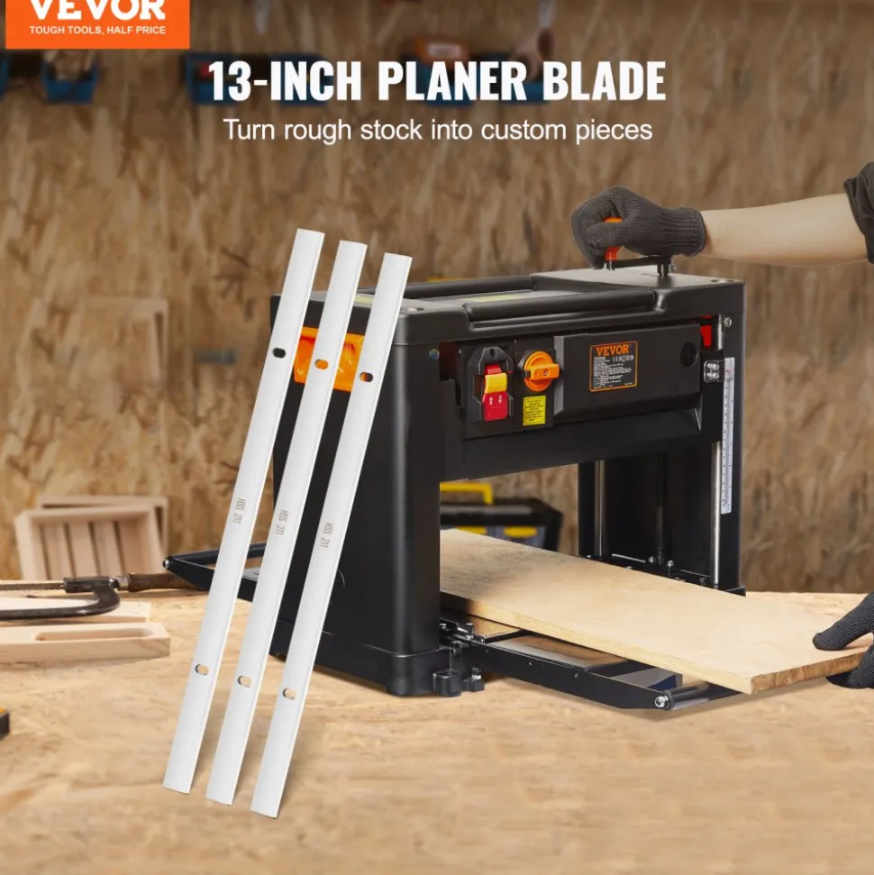 VEVOR Thickness Planer Blades, 13-inch, HSS Crafted for Durability, HRC55-60, Easy Installation with Pre-drilled Holes, Ideal for Woodworking, Home Projects & Industrial Use, 3-Pack