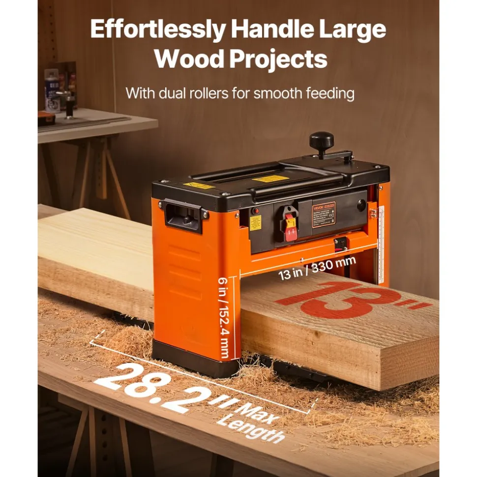 VEVOR Thickness Planer, 13-Inch Width Worktable, Woodworking Power Benchtop Planer, Spiral-Style Cutterhead with 24 Inserts, 2000W 23500 RPM Powerful Motor, Single Speed, for Hard & Soft Wood Material