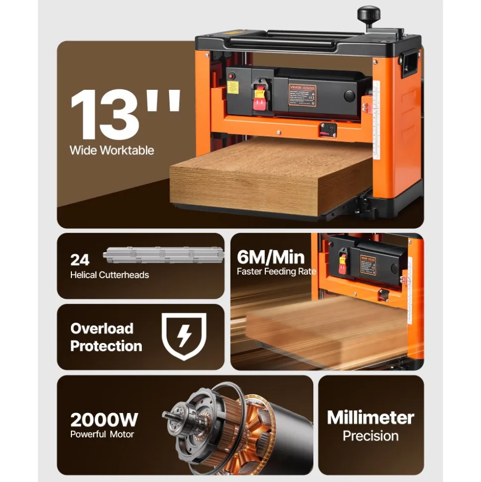VEVOR Thickness Planer, 13-Inch Width Worktable, Woodworking Power Benchtop Planer, Spiral-Style Cutterhead with 24 Inserts, 2000W 23500 RPM Powerful Motor, Single Speed, for Hard & Soft Wood Material