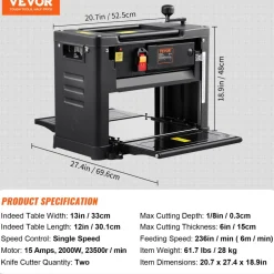 VEVOR Thickness Planer, Single Speed, 13" Width Worktable Benchtop Planer, Two-Blade, 15-Amp 2000W Powerful Motor, 12" Extended Infeeding Table, Low Noise for both hard & soft wood material removal