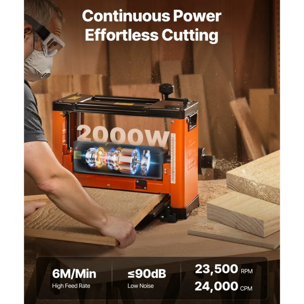 VEVOR Thickness Planer, Three-Blade, 13-Inch Width Worktable Power Benchtop Planer, 2000W 23500 RPM Powerful Motor, Dual Rollers, Over Protection, Single Speed Woodworking, for Hard Soft Wood Material