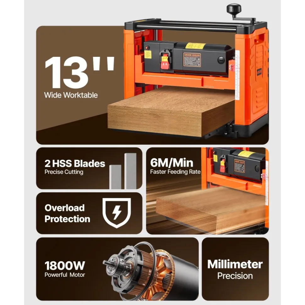 VEVOR Thickness Planer, Two-Blade, 13-Inch Width Worktable Power Benchtop Planer, 1800W 23500 RPM Powerful Motor, Dual Rollers, Over Protection, Single Speed Woodworking, for Hard & Soft Wood Material