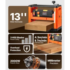 VEVOR Thickness Planer, Two Speed, 13-Inch Width Worktable Power Benchtop Planer, Three-Blade, 2000W 23500 RPM Powerful Motor, Dual Rollers, Over Protection, Woodworking for Hard & Soft Wood Material