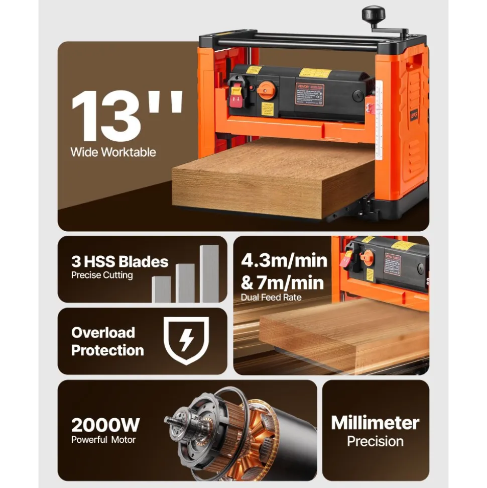 VEVOR Thickness Planer, Two Speed, 13-Inch Width Worktable Power Benchtop Planer, Three-Blade, 2000W 23500 RPM Powerful Motor, Dual Rollers, Over Protection, Woodworking for Hard & Soft Wood Material