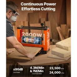 VEVOR Thickness Planer, Two Speed, 13-Inch Width Worktable Power Benchtop Planer, Three-Blade, 2000W 23500 RPM Powerful Motor, Dual Rollers, Over Protection, Woodworking for Hard & Soft Wood Material