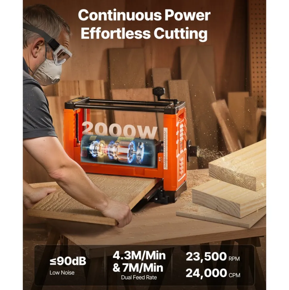 VEVOR Thickness Planer, Two Speed, 13-Inch Width Worktable Power Benchtop Planer, Three-Blade, 2000W 23500 RPM Powerful Motor, Dual Rollers, Over Protection, Woodworking for Hard & Soft Wood Material