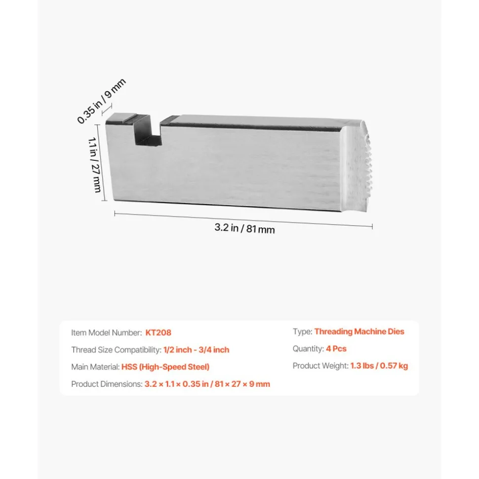 VEVOR Threading Machine Dies, 1/2"-3/4" NPT Pipe Dies(4 Packs), Right-Handed HSS Pipe Threading Dies, Fit VEVOR Split-Type Machines, RIDGID Universal Die Heads 504A, 711, 713, 811A, 815A, 816, 817, 842