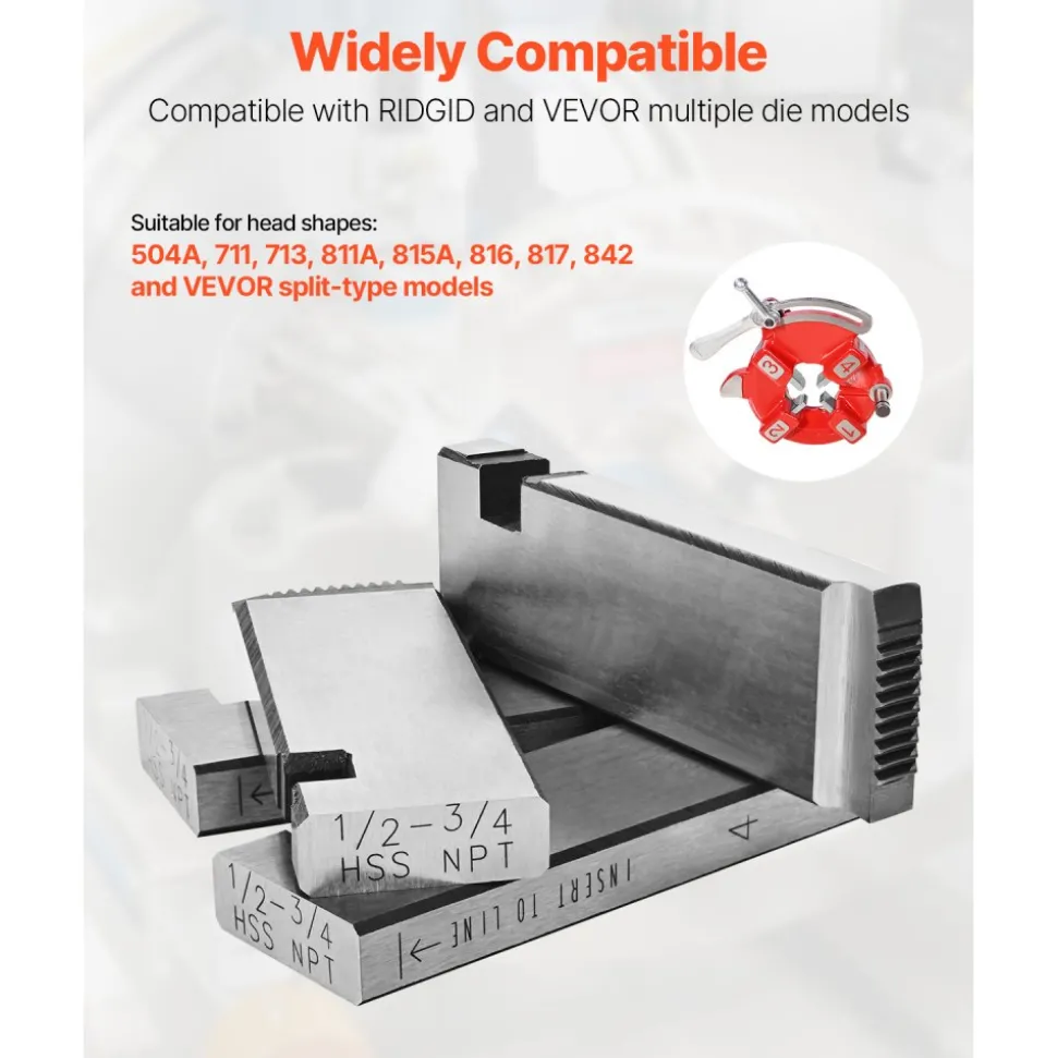 VEVOR Threading Machine Dies, 1/2"-3/4" NPT Pipe Dies(4 Packs), Right-Handed HSS Pipe Threading Dies, Fit VEVOR Split-Type Machines, RIDGID Universal Die Heads 504A, 711, 713, 811A, 815A, 816, 817, 842