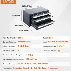 VEVOR Three-Drawer Steel Cabinet for End Mill Organization, Accommodates 1/8