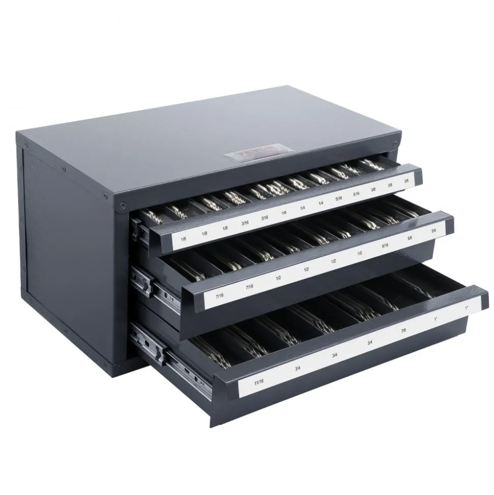 VEVOR Three-Drawer Steel Cabinet for End Mill Organization, Accommodates 1/8" to 1", Features 29 Compartments with Labels, Stackable Design for Efficient Storage