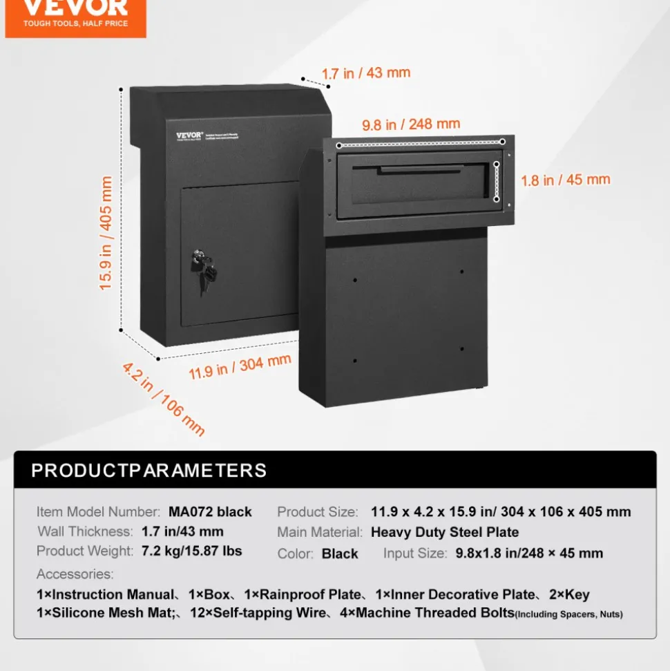 VEVOR Through The Door Key Drop Box, Heavy Duty Steel Through the Door Mailbox with 1.8" 12" Key Lock, 12x6x16" Mail Drop Box, Black