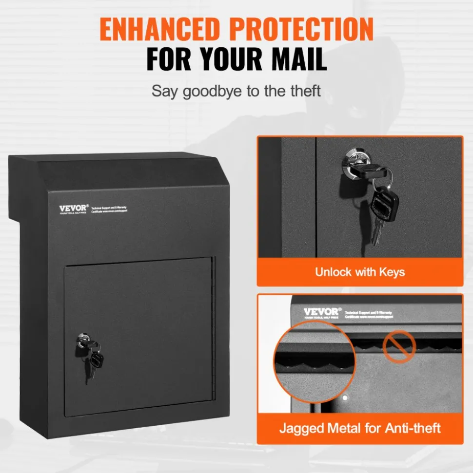 VEVOR Through The Door Key Drop Box, Heavy Duty Steel Through the Door Mailbox with 1.8" 12" Key Lock, 12x6x16" Mail Drop Box, Black
