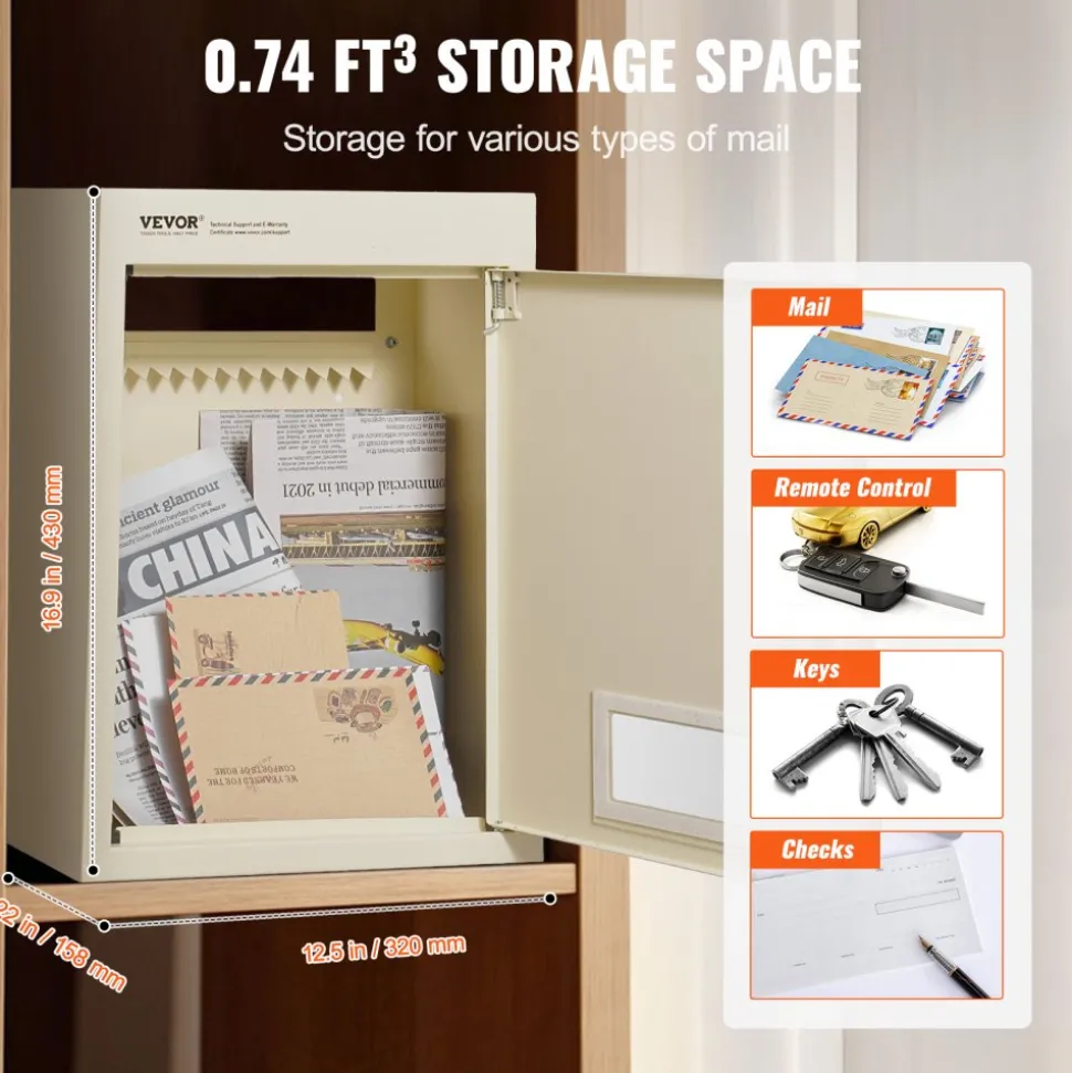VEVOR Through The Wall Drop Box, Heavy Duty Steel Through the Wall Mailbox with 2.8-7.9" 13" Combination Lock, 12.5x6.3x16.9" Mail Drop Box, Beige