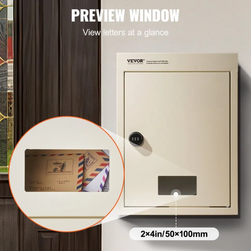 VEVOR Through The Wall Drop Box, Heavy Duty Steel Through the Wall Mailbox with 2.8-7.9" 13" Combination Lock, 12.5x6.3x16.9" Mail Drop Box, Beige