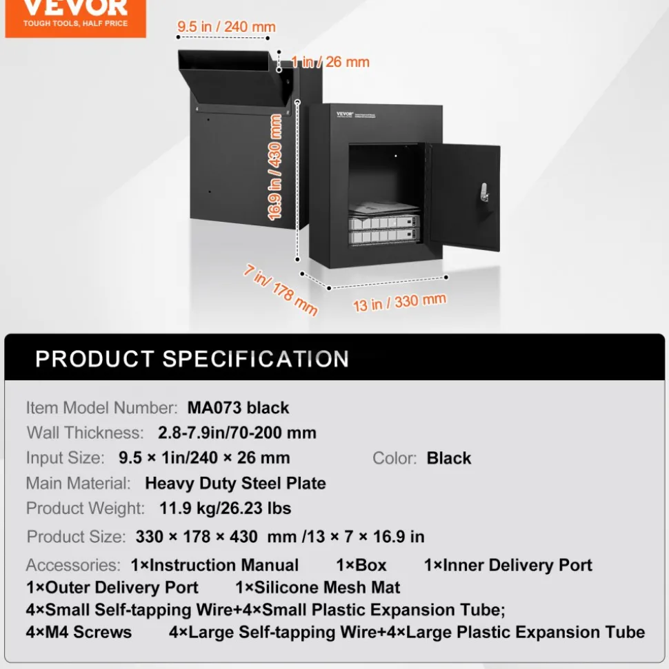 VEVOR Through The Wall Drop Box, Heavy Duty Steel Through the Wall Mailbox with 2.8-7.9" 13" Combination Lock, 12.5x6.3x16.9" Mail Drop Box, Black