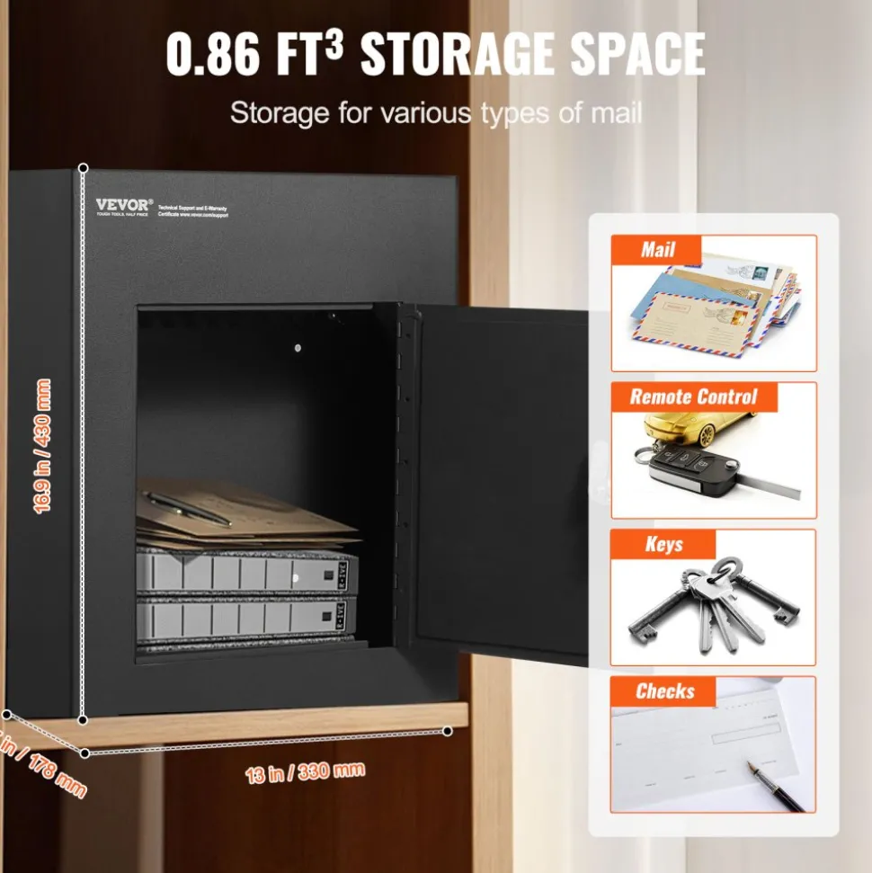VEVOR Through The Wall Drop Box, Heavy Duty Steel Through the Wall Mailbox with 2.8-7.9" 13" Combination Lock, 12.5x6.3x16.9" Mail Drop Box, Black