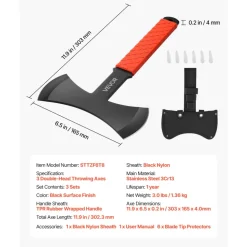 VEVOR Throwing Axes and Tomahawks, 3 Pack 11.9 inch Double Bit Axe Throwing Hatchet Set, Stainless Steel Head with Non-Slip TPR Rubber Handle, with Black Nylon Sheath, for Recreation and Competition