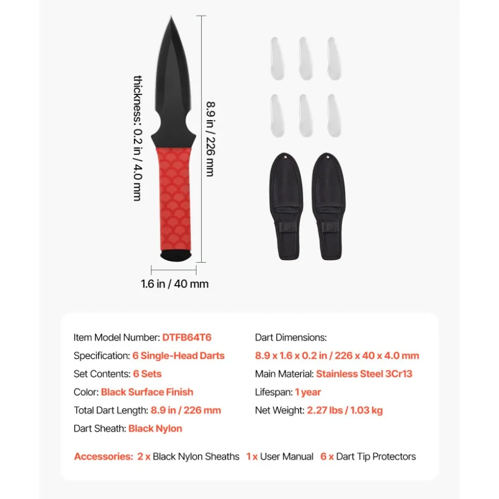 VEVOR Throwing Knives Set, 6 Pack, 8.9 inch Stainless Steel Well-balanced Knives with Protective Black Nylon Sheath, Ideal Companion for Throwing Products Axes, Sturdy for Recreation and Competition